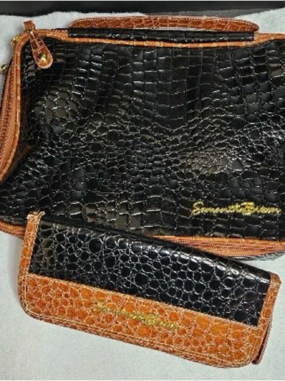 Croc-Embossed Black & Brown Travel Clutch Set